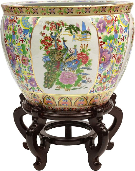 14" Birds Flowers Porcelain Fishbowl Multi Color Traditional Handmade